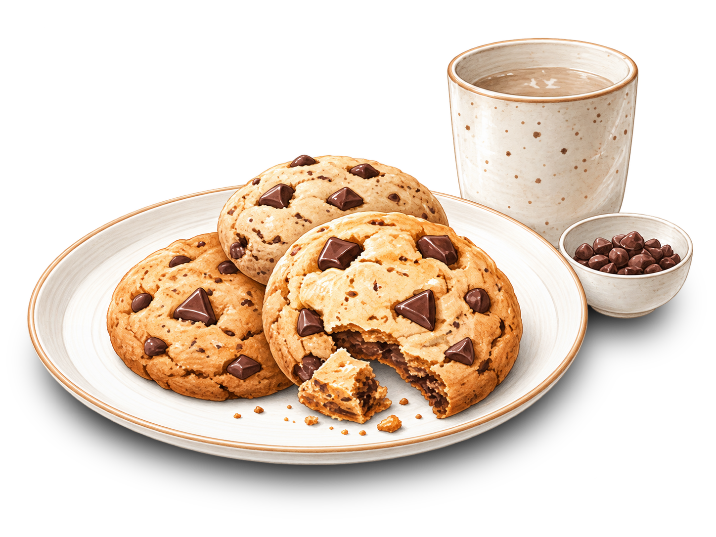 Cookies au chocolat servis sur une assiette avec une tasse et un petit bol de pépites