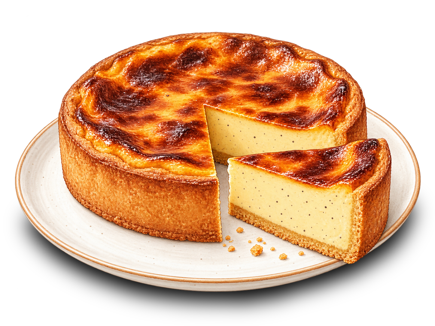 Flan pâtissier à la fève tonka sur une assiette, avec une part découpée