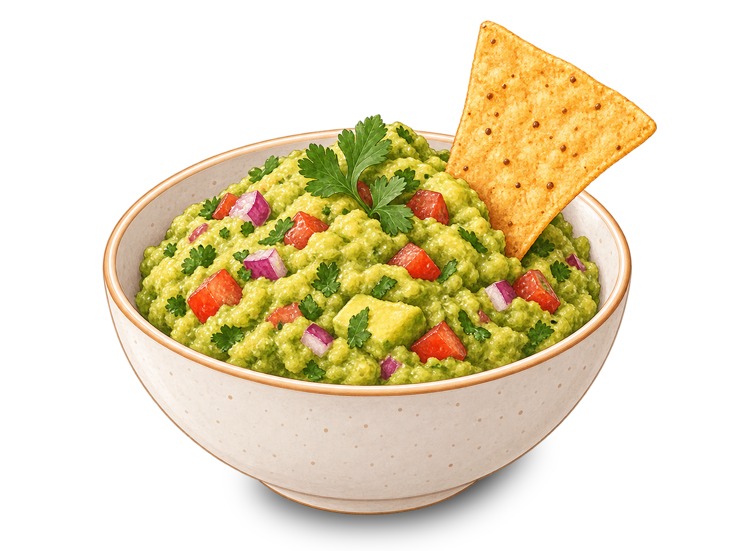 Guacamole authentique garni de tomate, d’oignon rouge et de coriandre, servi avec une chips tortilla