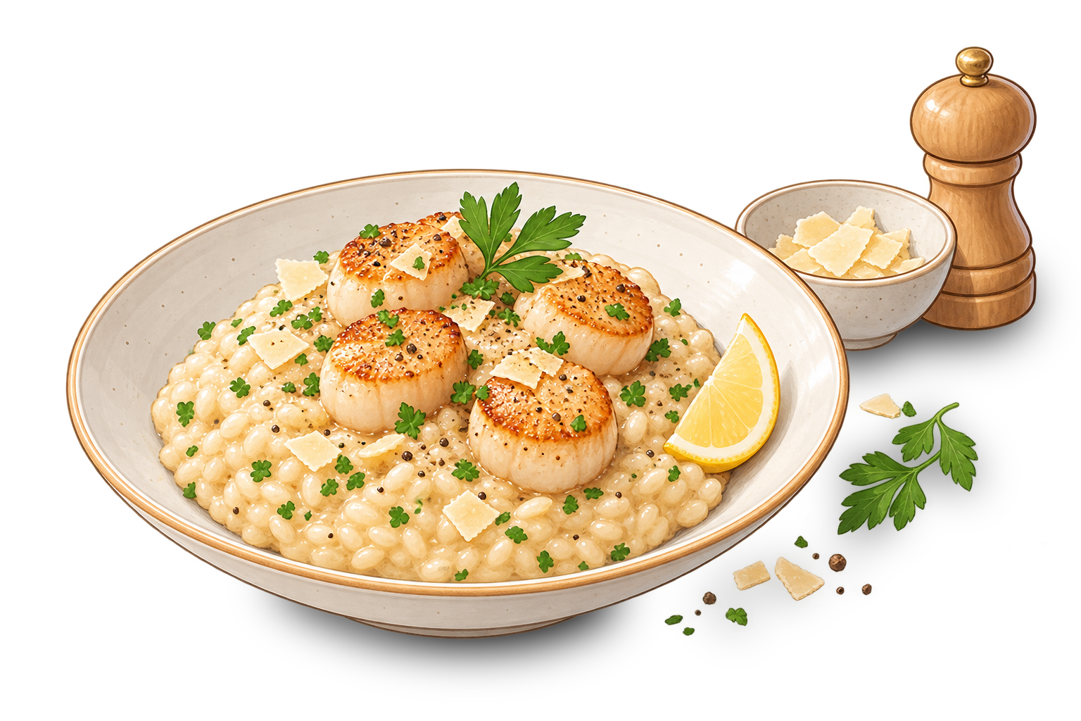 Risotto crémeux aux Saint-Jacques dressé dans une assiette